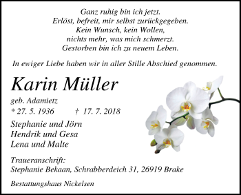 Traueranzeige von Karin Müller von Nordwest-Zeitung