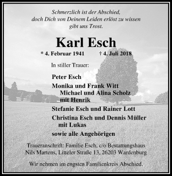 Traueranzeige von Karl Esch von Nordwest-Zeitung
