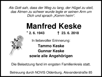 Traueranzeige von Manfred Keske von Nordwest-Zeitung