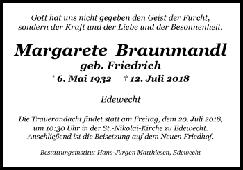 Traueranzeige von Margarete Braunmandl von Nordwest-Zeitung