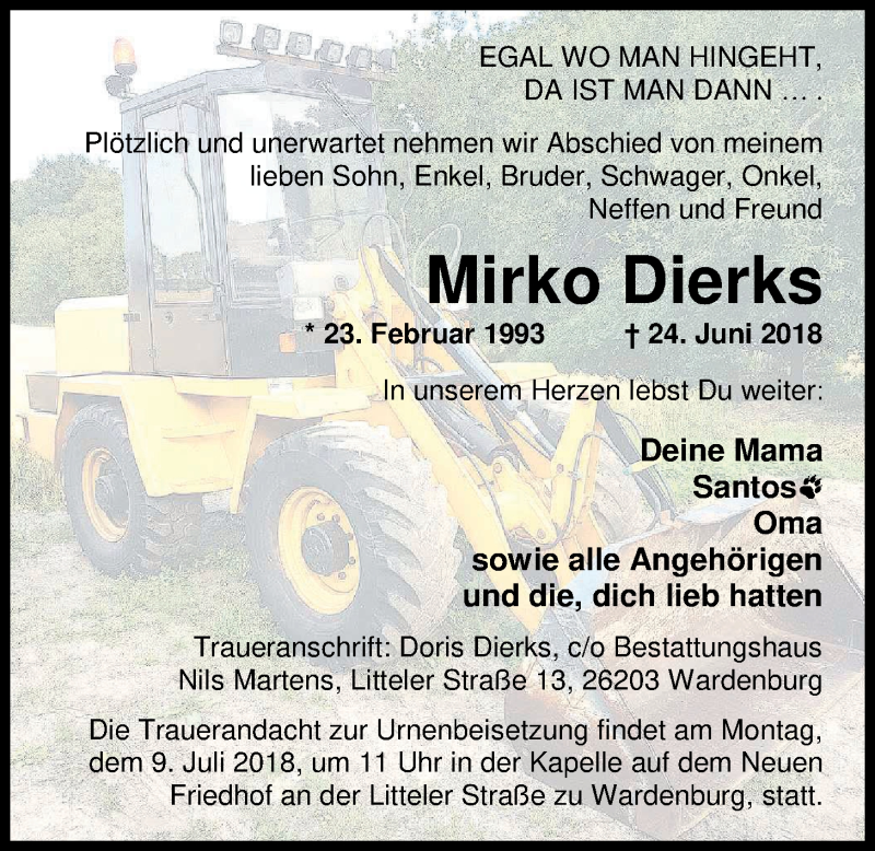  Traueranzeige für Mirko Dierks vom 04.07.2018 aus Nordwest-Zeitung