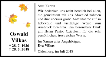 Traueranzeige von Oswald Vilkas von Nordwest-Zeitung