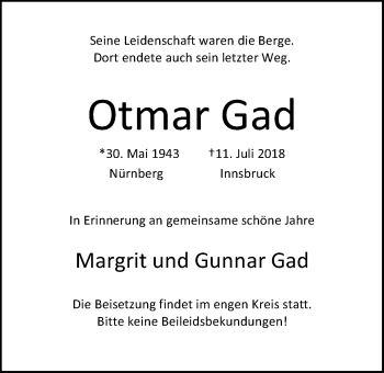 Traueranzeige von Otmar Gad von Nordwest-Zeitung