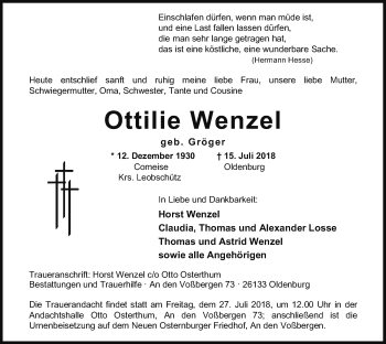 Traueranzeige von Ottilie Wenzel von Nordwest-Zeitung