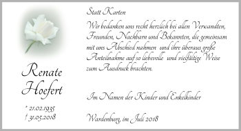 Traueranzeige von Renate Hoefert von Nordwest-Zeitung
