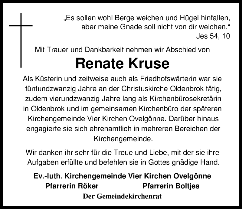  Traueranzeige für Renate Kruse vom 30.07.2018 aus Nordwest-Zeitung