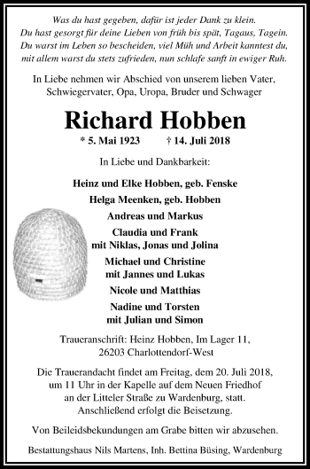 Traueranzeige von Richard Hobben von Nordwest-Zeitung