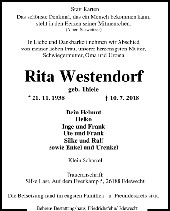 Traueranzeige von Rita Westendorf von Nordwest-Zeitung