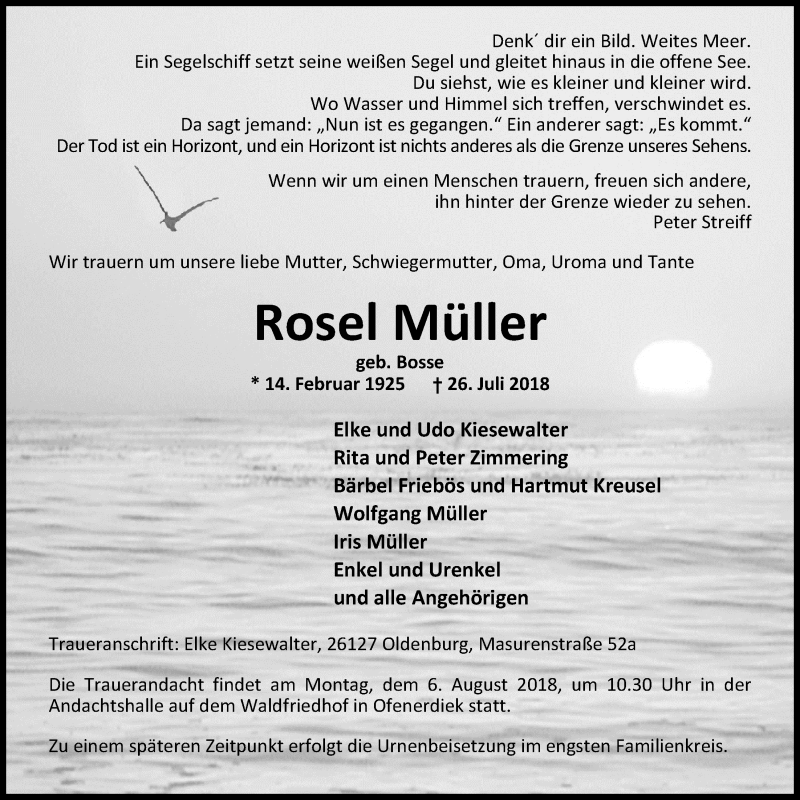  Traueranzeige für Rosel Müller vom 31.07.2018 aus Nordwest-Zeitung