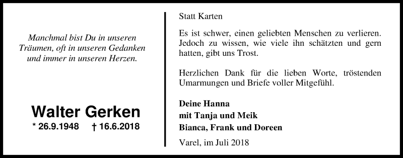  Traueranzeige für Walter Gerken vom 28.07.2018 aus Nordwest-Zeitung