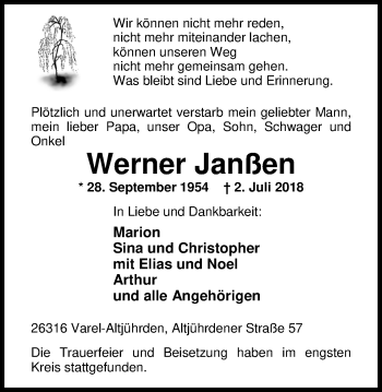 Traueranzeige von Werner Janßen von Nordwest-Zeitung