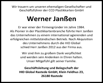 Traueranzeige von Werner Janßen von Nordwest-Zeitung