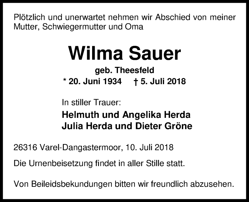  Traueranzeige für Wilma Sauer vom 10.07.2018 aus Nordwest-Zeitung