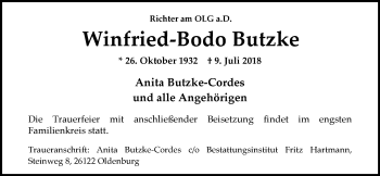 Traueranzeige von Winfried-Bodo Butzke von Nordwest-Zeitung