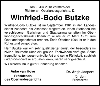 Traueranzeige von Winfried-Bodo Butzke von Nordwest-Zeitung