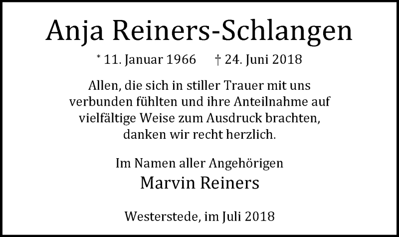  Traueranzeige für Anja Reiners-Schlangen vom 04.08.2018 aus Nordwest-Zeitung