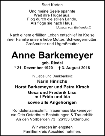 Traueranzeige von Anne Barkemeyer von Nordwest-Zeitung