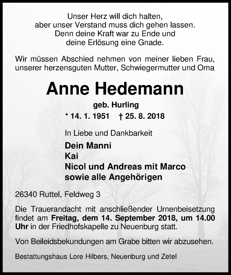  Traueranzeige für Anne Hedemann vom 31.08.2018 aus Nordwest-Zeitung