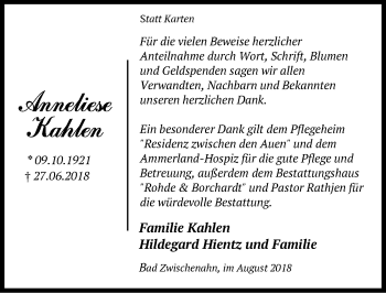 Traueranzeige von Anneliese Kahlen von Nordwest-Zeitung