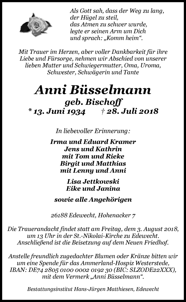  Traueranzeige für Anni Büsselmann vom 01.08.2018 aus Nordwest-Zeitung