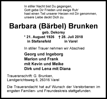 Traueranzeige von Barbara (Bärbel) Brunken von Nordwest-Zeitung