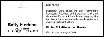 Traueranzeige von Betty Hinrichs von Nordwest-Zeitung