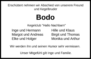 Traueranzeige von Bodo Wachtendorf von Nordwest-Zeitung