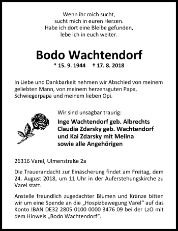 Traueranzeige von Bodo Wachtendorf von Nordwest-Zeitung