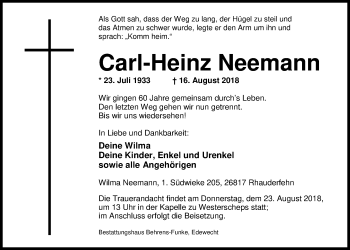 Traueranzeige von Carl-Heinz Neemann von Nordwest-Zeitung