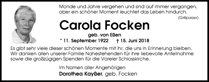 Traueranzeige für Carola Focken vom 21.08.2018 aus Nordwest-Zeitung