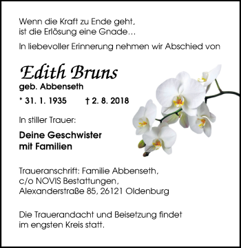 Traueranzeige von Edith Bruns von Nordwest-Zeitung