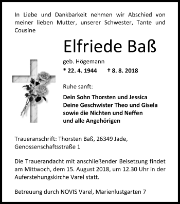 Traueranzeige von Elfriede Baß von Nordwest-Zeitung