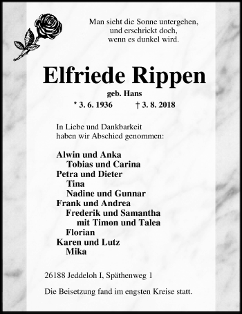 Traueranzeige von Elfriede Rippen von Nordwest-Zeitung