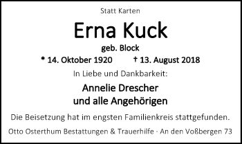 Traueranzeige von Erna Kuck von Nordwest-Zeitung