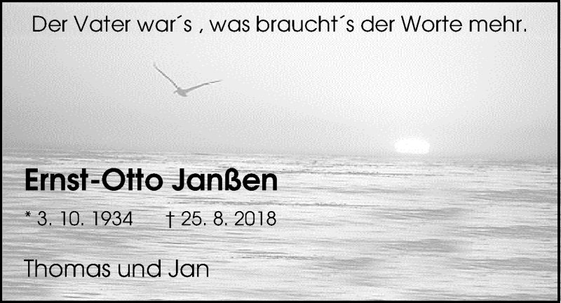  Traueranzeige für Ernst-Otto Janßen vom 29.08.2018 aus Nordwest-Zeitung