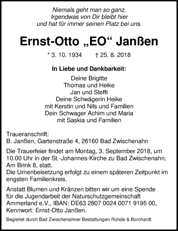 Traueranzeige von Ernst-Otto Janßen von Nordwest-Zeitung