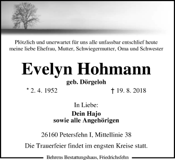 Traueranzeige von Evelyn Hohmann von Nordwest-Zeitung