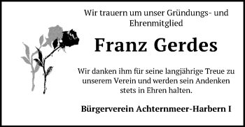 Traueranzeige von Franz Gerdes von Nordwest-Zeitung