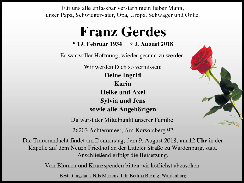  Traueranzeige für Franz Gerdes vom 07.08.2018 aus Nordwest-Zeitung