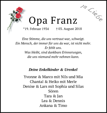 Traueranzeige von Franz Gerdes von Nordwest-Zeitung