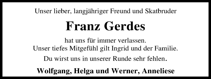  Traueranzeige für Franz Gerdes vom 07.08.2018 aus Nordwest-Zeitung