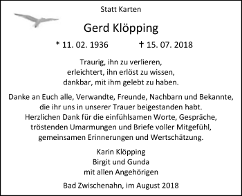 Traueranzeige von Gerd Klöpping von Nordwest-Zeitung