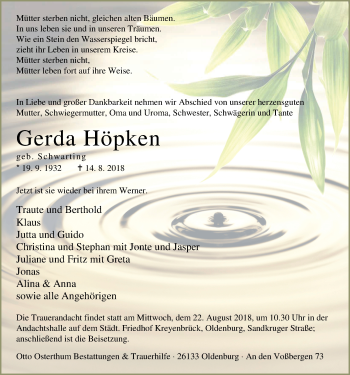 Traueranzeige von Gerda Höpken von Nordwest-Zeitung