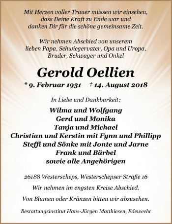 Traueranzeige von Gerold Oellien von Nordwest-Zeitung
