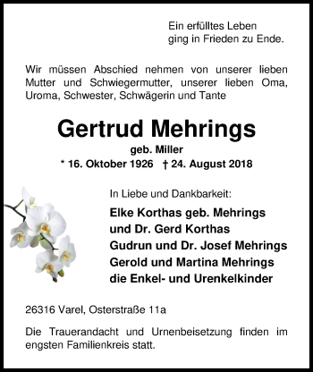 Traueranzeige von Gertrud Mehrings von Nordwest-Zeitung