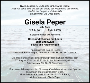 Traueranzeige von Gisela Peper von Nordwest-Zeitung