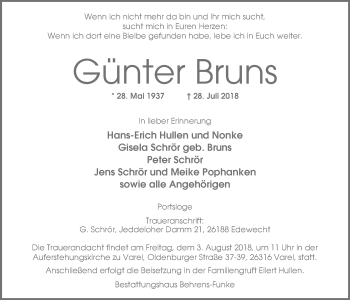 Traueranzeige von Günter Bruns von Nordwest-Zeitung