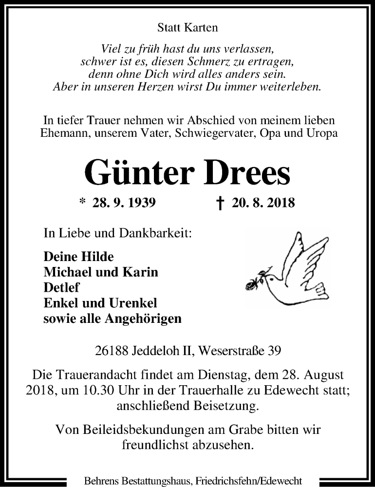  Traueranzeige für Günter Drees vom 23.08.2018 aus Nordwest-Zeitung