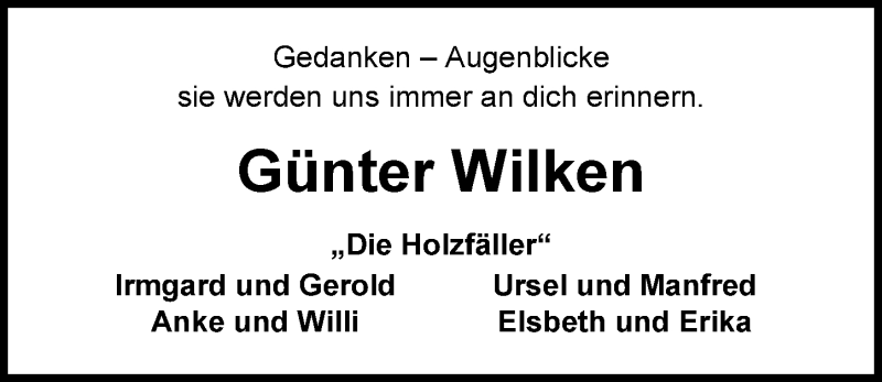  Traueranzeige für Günter Wilken vom 11.08.2018 aus Nordwest-Zeitung
