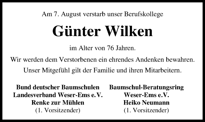  Traueranzeige für Günter Wilken vom 14.08.2018 aus Nordwest-Zeitung